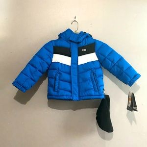 NWT CB Sports Blue and White Little Boys Puffer Coat and Black Fuzzy Hat